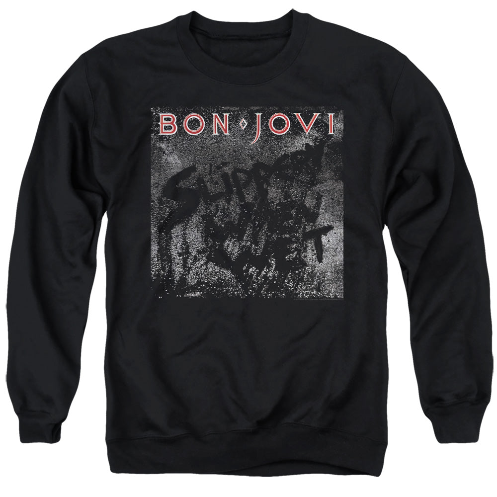 AN OFFCIALLY LICENSED BON JOVI SLIPPERY COVER ADULT UNISEX CREWNECK SWEATSHIRT BLACK