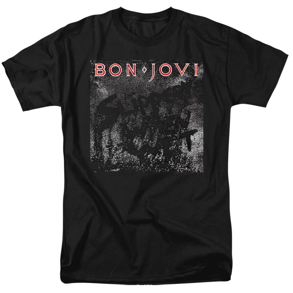 AN OFFCIALLY LICENSED BON JOVI SLIPPERY COVER MEN'S REGULAR FIT T-SHIRT BLACK