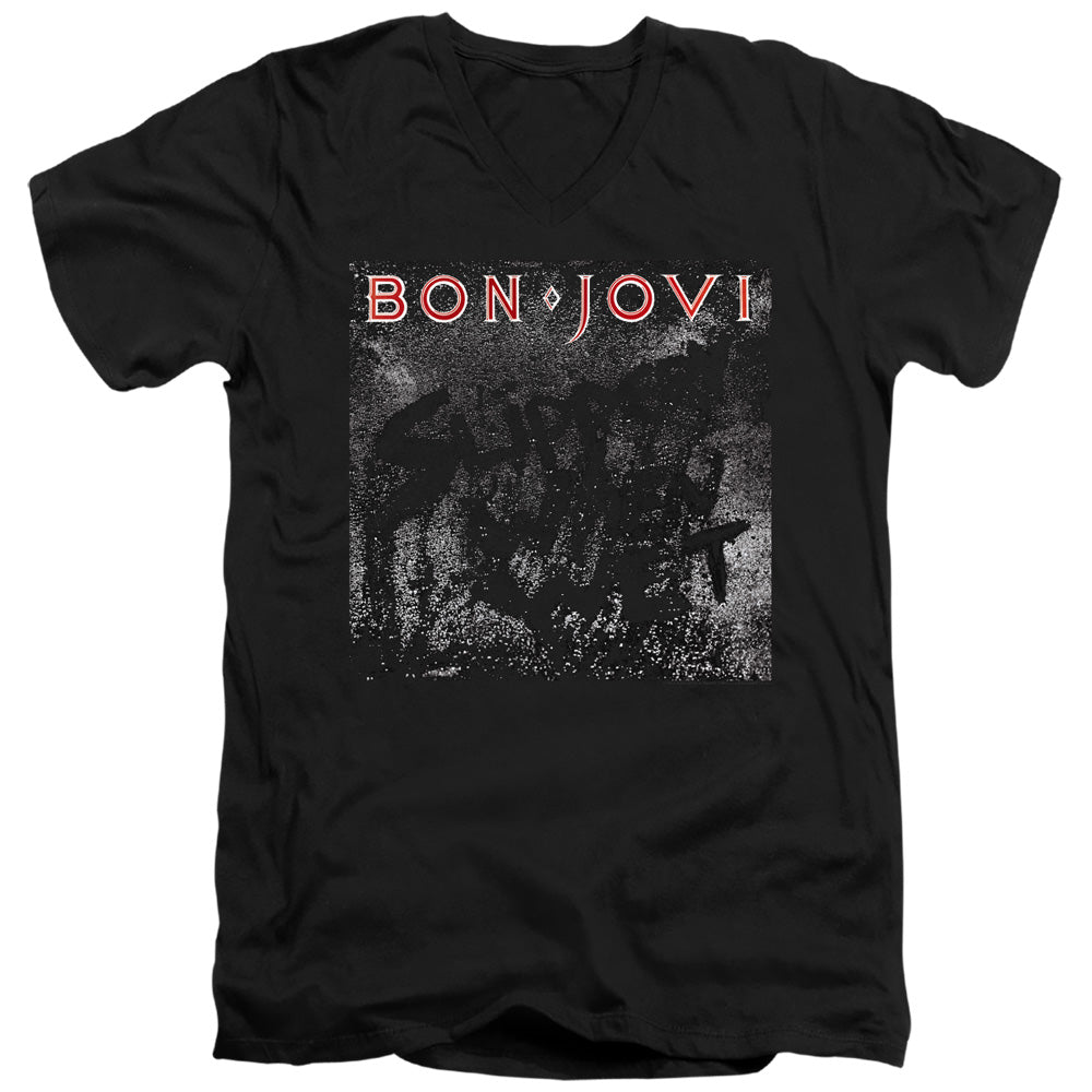 AN OFFCIALLY LICENSED BON JOVI SLIPPERY COVER MEN'S V-NECK T-SHIRT BLACK