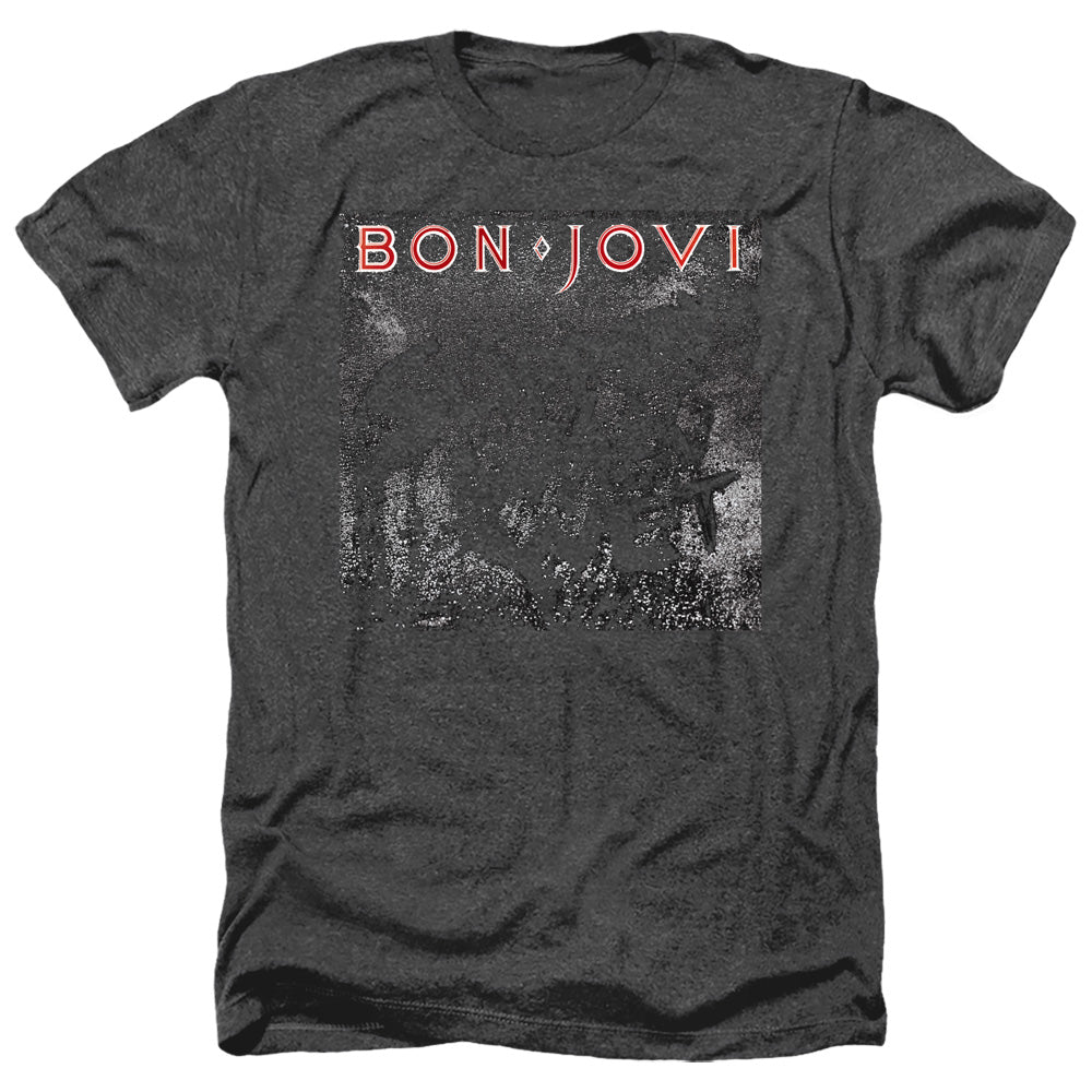 AN OFFCIALLY LICENSED BON JOVI SLIPPERY COVER MEN'S HEATHER T-SHIRT CHARCOAL