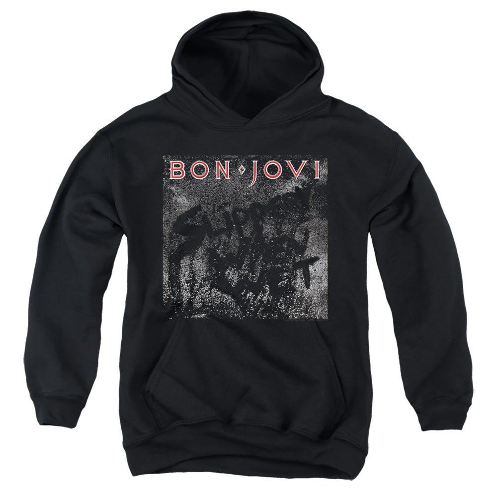 AN OFFCIALLY LICENSED BON JOVI SLIPPERY COVER YOUTH HOODIE BLACK