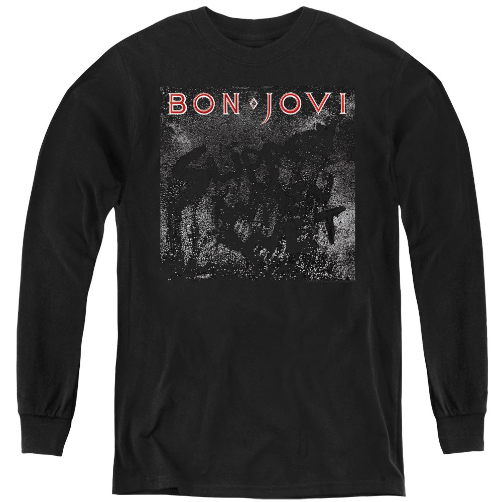AN OFFCIALLY LICENSED BON JOVI SLIPPERY COVER YOUTH LONG SLEEVE T-SHIRT BLACK
