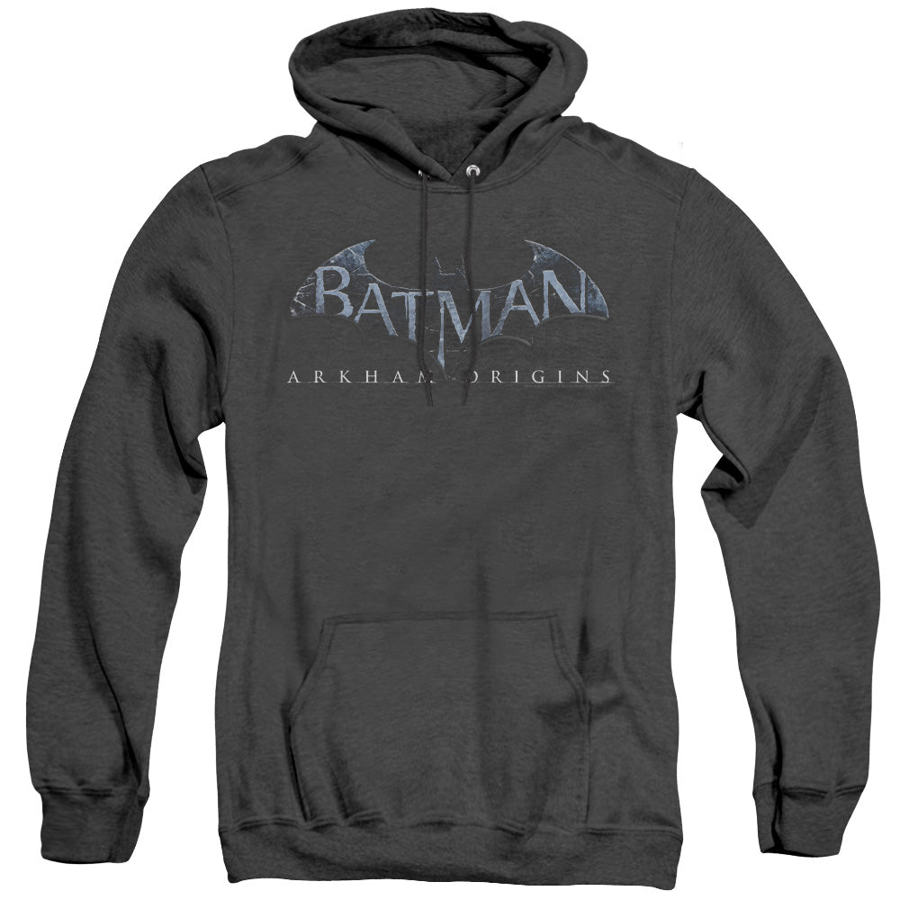 AN OFFCIALLY LICENSED BATMAN ARKHAM ORIGINS LOGO ADULT UNISEX HEATHER PULLOVER HOODIE BLACK