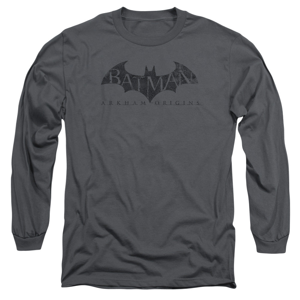 AN OFFCIALLY LICENSED BATMAN ARKHAM ORIGINS CRACKLE LOGO MEN'S LONG SLEEVE T-SHIRT CHARCOAL