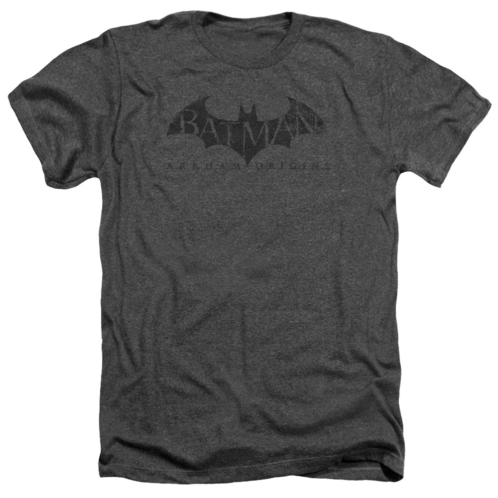 AN OFFCIALLY LICENSED BATMAN ARKHAM ORIGINS CRACKLE LOGO MEN'S HEATHER T-SHIRT CHARCOAL