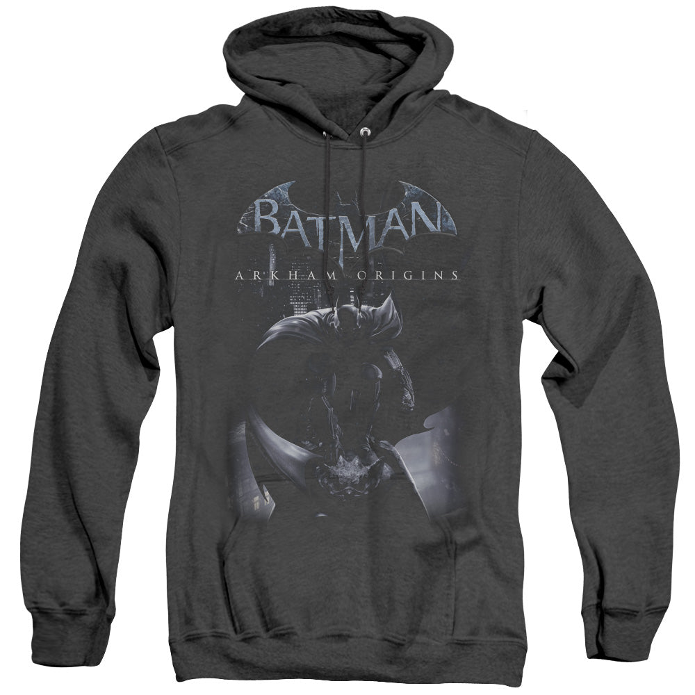 AN OFFCIALLY LICENSED BATMAN ARKHAM ORIGINS PERCHED CAT ADULT UNISEX HEATHER PULLOVER HOODIE BLACK