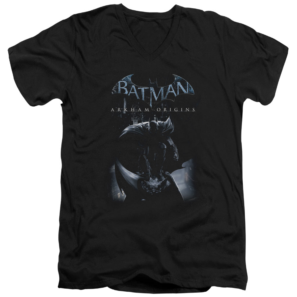 AN OFFCIALLY LICENSED BATMAN ARKHAM ORIGINS PERCHED CAT MEN'S V-NECK T-SHIRT BLACK