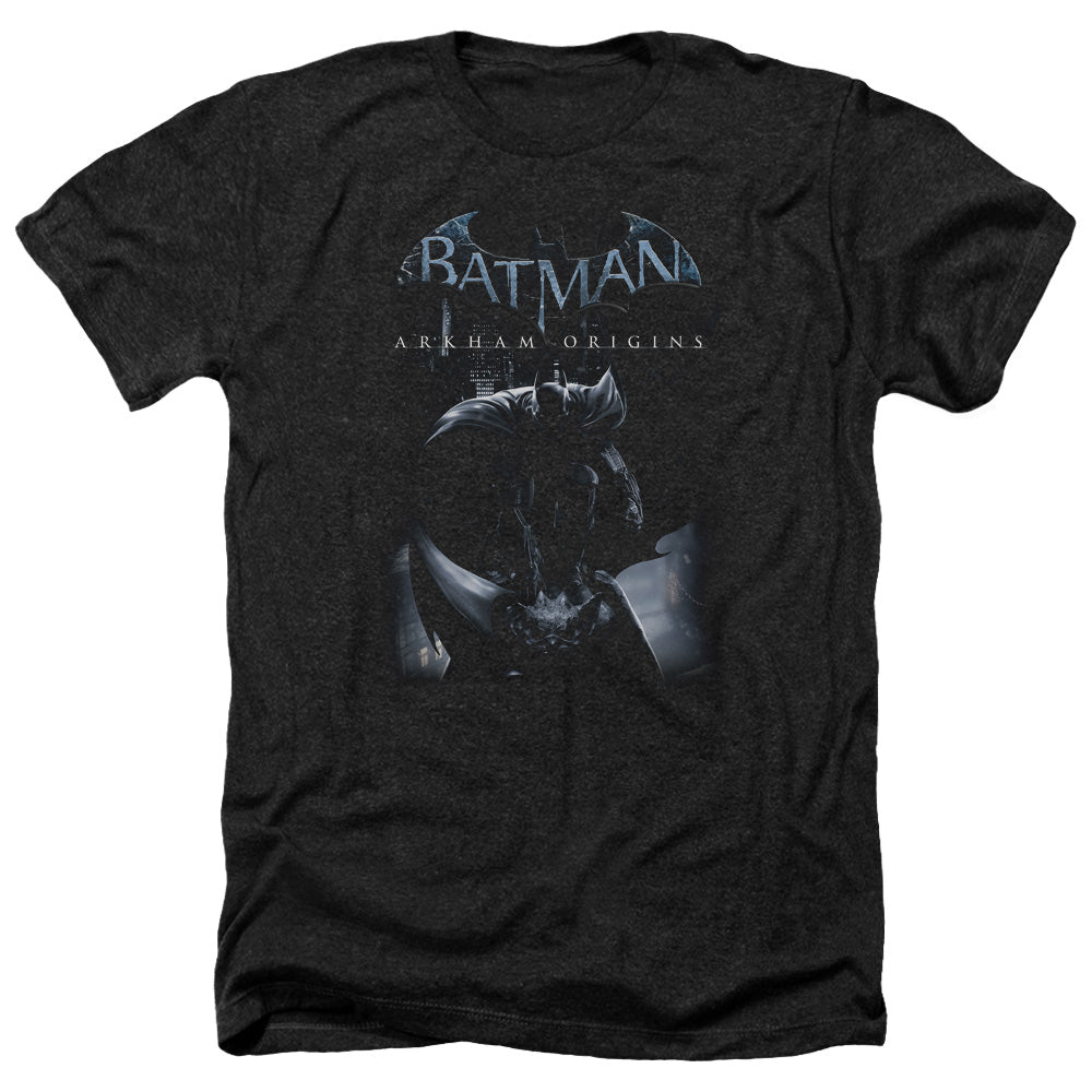 AN OFFCIALLY LICENSED BATMAN ARKHAM ORIGINS PERCHED CAT MEN'S HEATHER T-SHIRT CHARCOAL