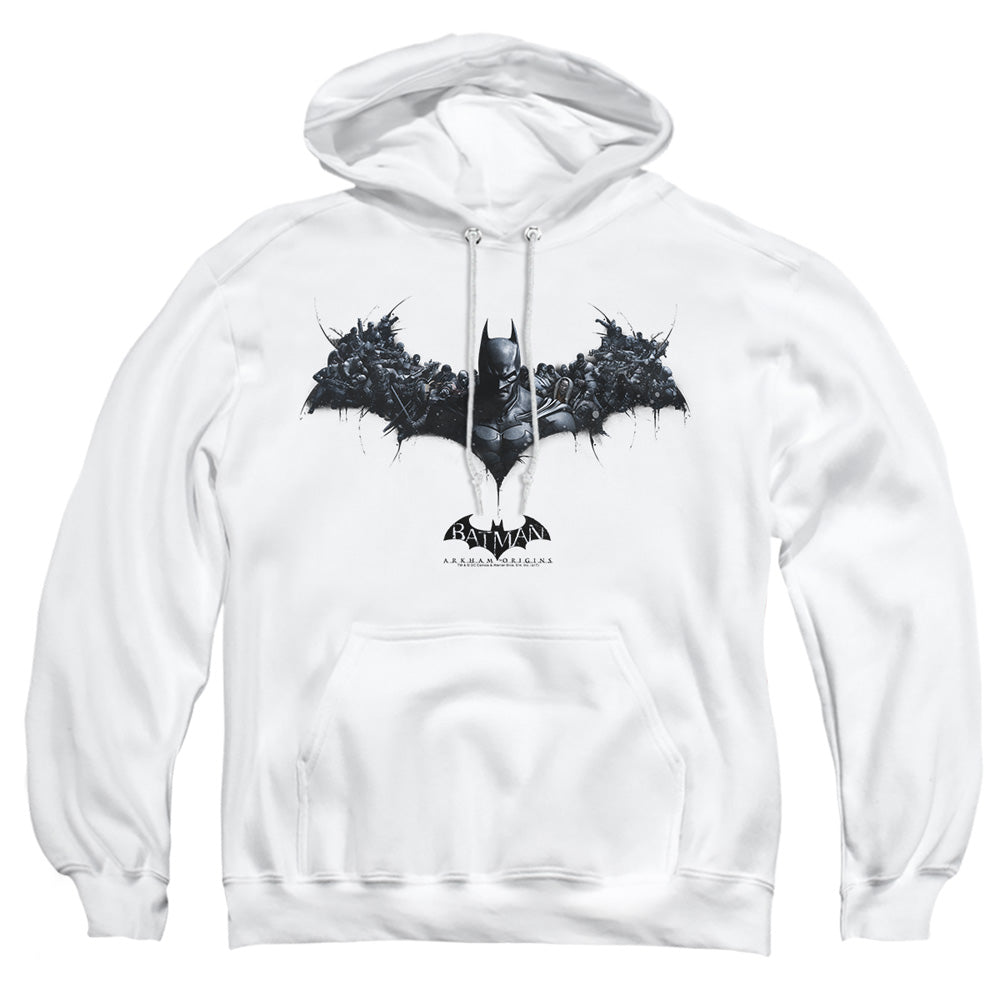 AN OFFCIALLY LICENSED BATMAN ARKHAM ORIGINS BAT OF ENEMIES ADULT UNISEX PULLOVER HOODIE WHITE