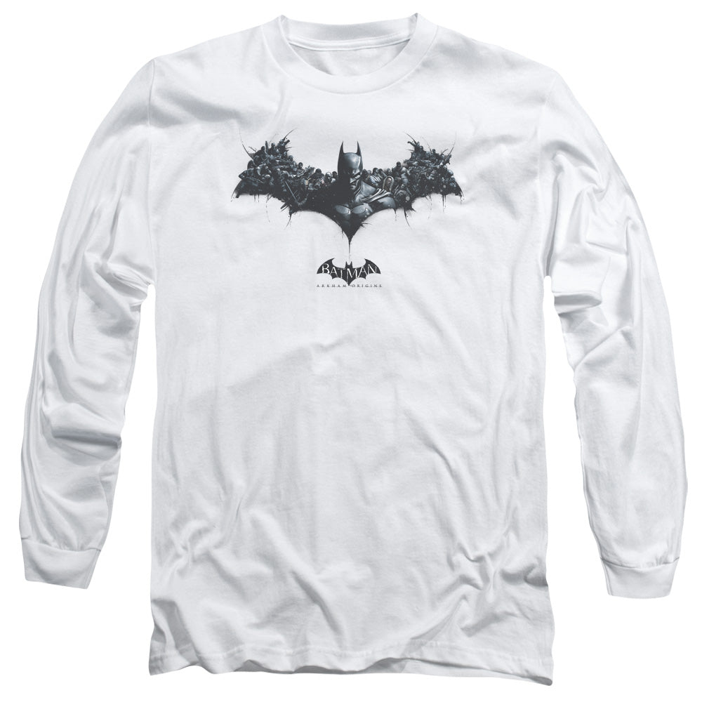 AN OFFCIALLY LICENSED BATMAN ARKHAM ORIGINS BAT OF ENEMIES MEN'S LONG SLEEVE T-SHIRT WHITE