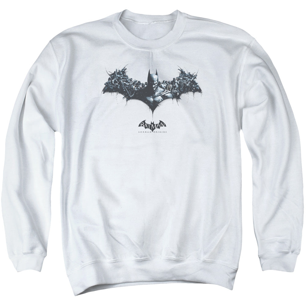 AN OFFCIALLY LICENSED BATMAN ARKHAM ORIGINS BAT OF ENEMIES ADULT UNISEX CREWNECK SWEATSHIRT WHITE