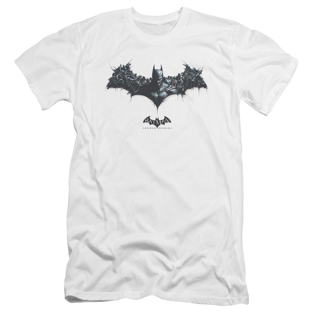 AN OFFCIALLY LICENSED BATMAN ARKHAM ORIGINS BAT OF ENEMIES MEN'S PREMIUM SLIM FIT T-SHIRT WHITE