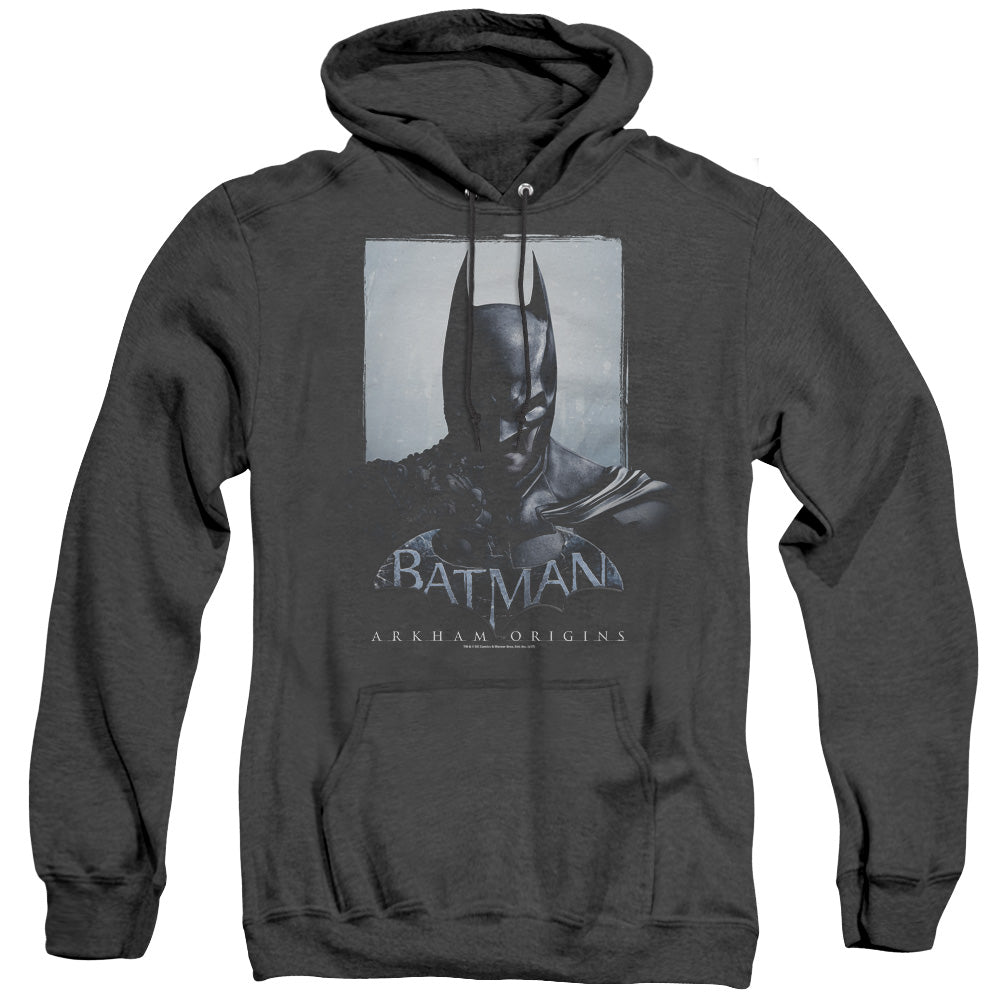 AN OFFCIALLY LICENSED BATMAN ARKHAM ORIGINS TWO SIDES ADULT UNISEX HEATHER PULLOVER HOODIE BLACK