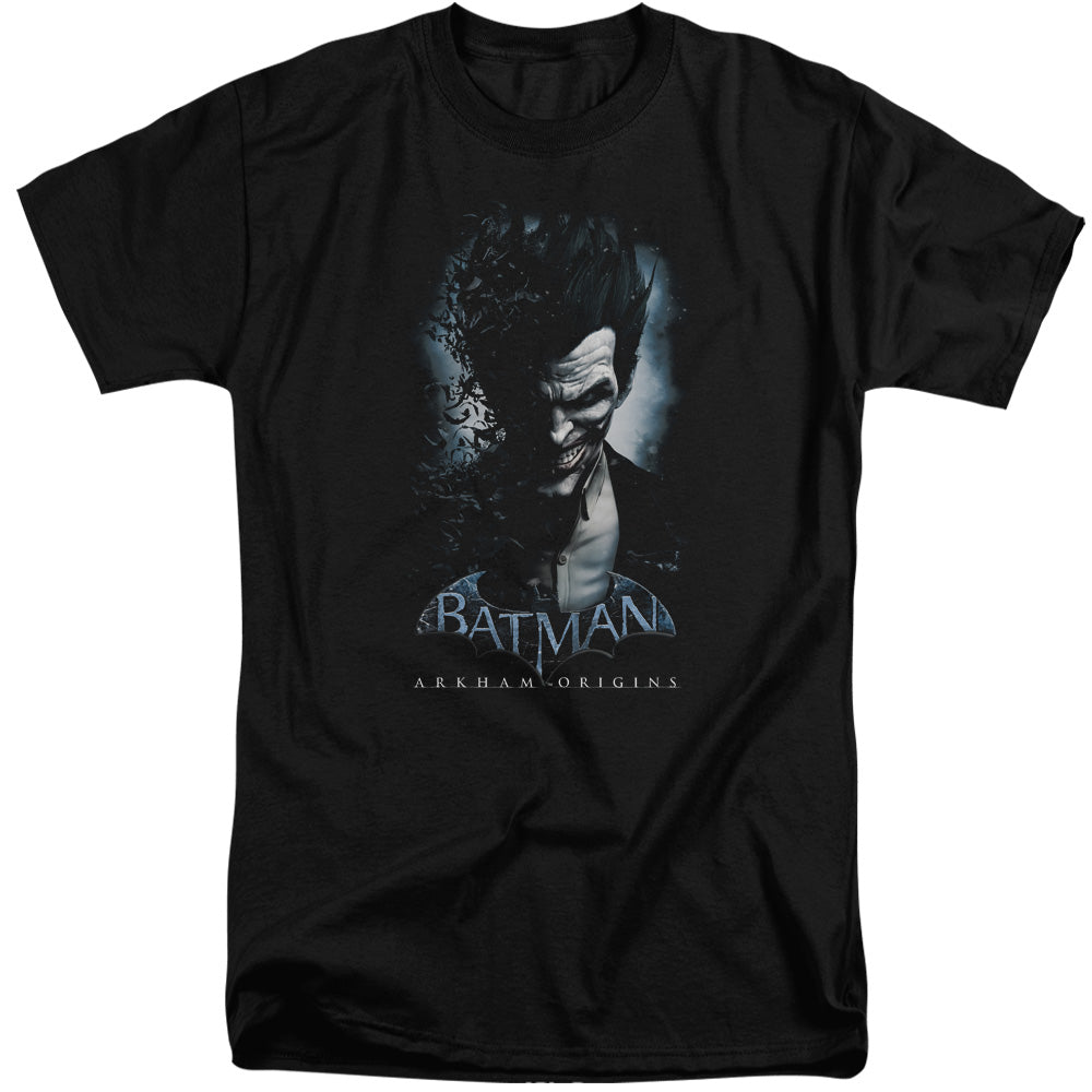 AN OFFCIALLY LICENSED BATMAN ARKHAM ORIGINS JOKER MEN'S TALL FIT T-SHIRT BLACK