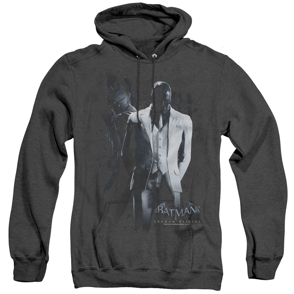 AN OFFCIALLY LICENSED BATMAN ARKHAM ORIGINS BLACK MASK ADULT UNISEX HEATHER PULLOVER HOODIE BLACK