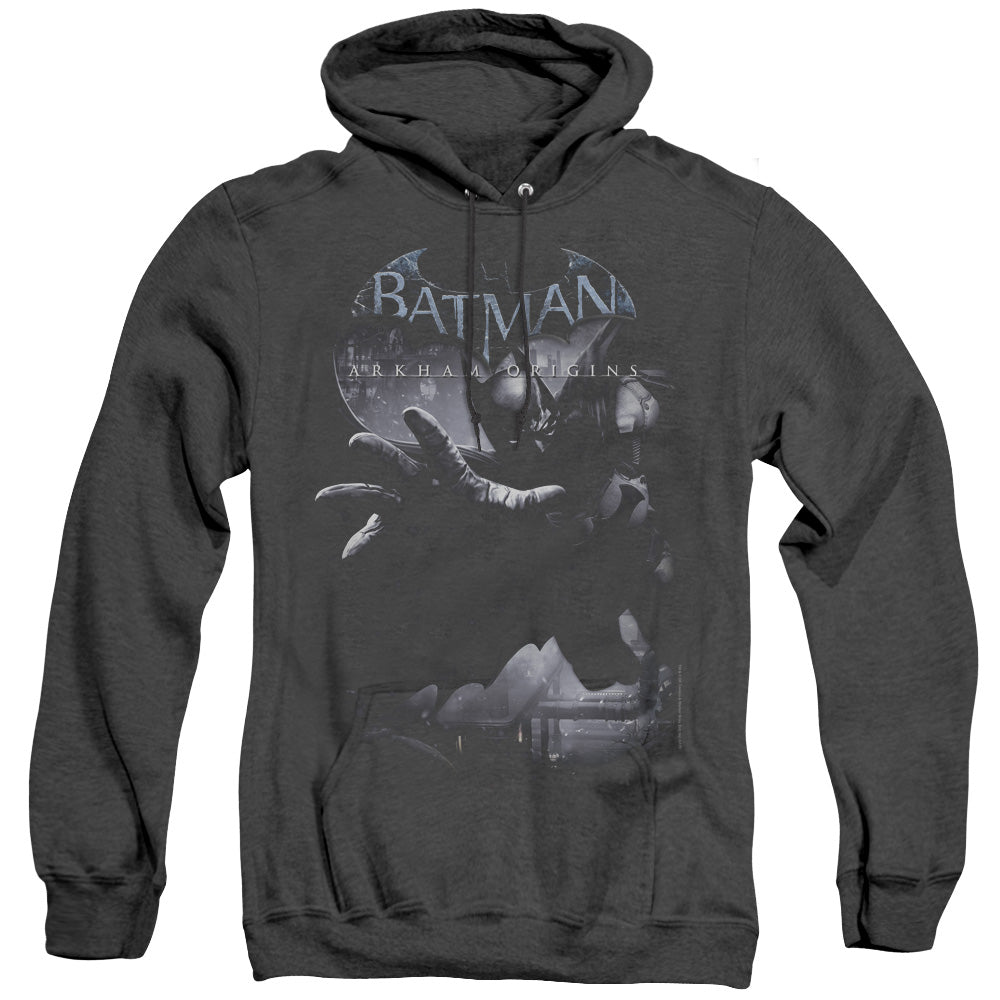AN OFFCIALLY LICENSED BATMAN ARKHAM ORIGINS OUT OF THE SHADOWS ADULT UNISEX HEATHER PULLOVER HOODIE BLACK