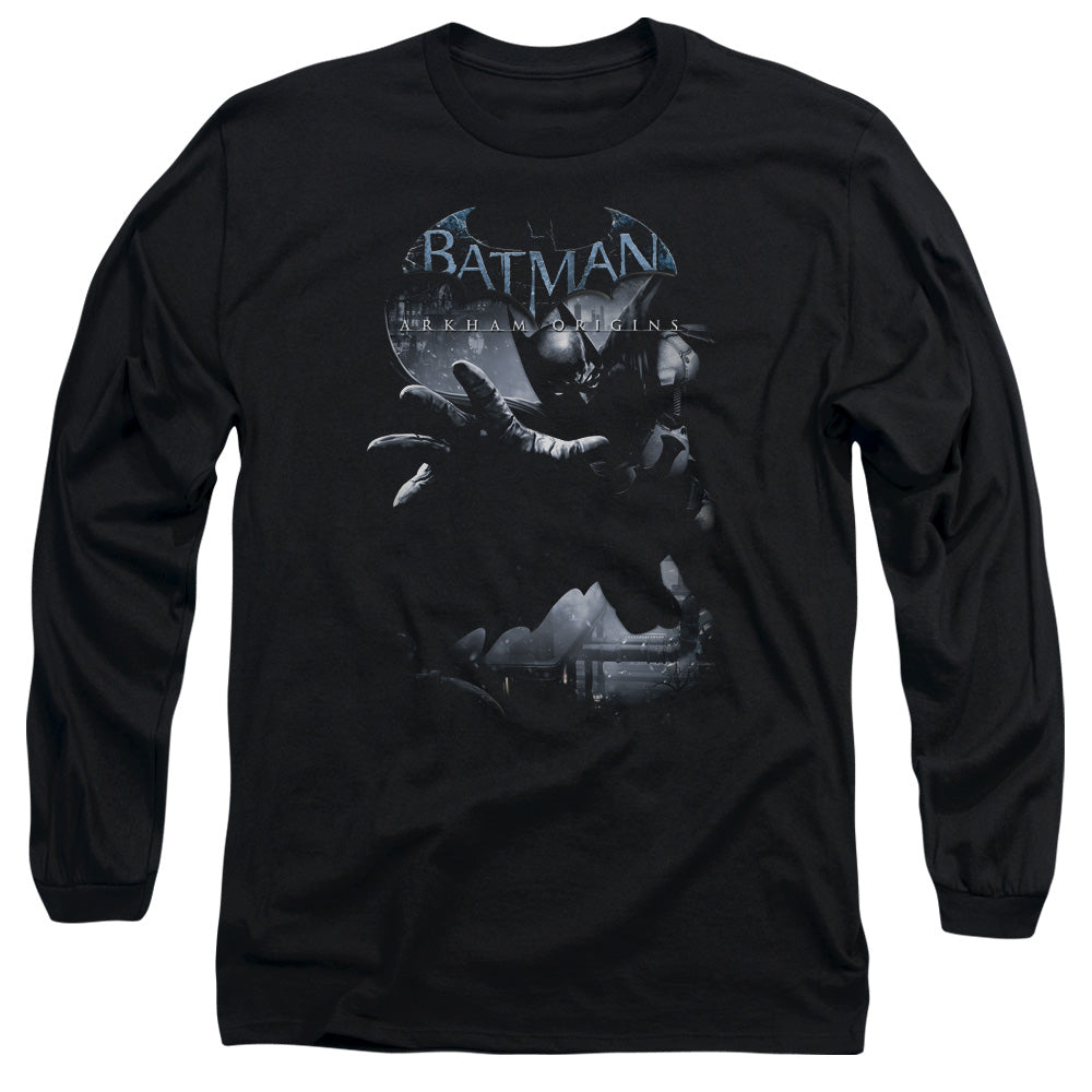 AN OFFCIALLY LICENSED BATMAN ARKHAM ORIGINS OUT OF THE SHADOWS MEN'S LONG SLEEVE T-SHIRT BLACK