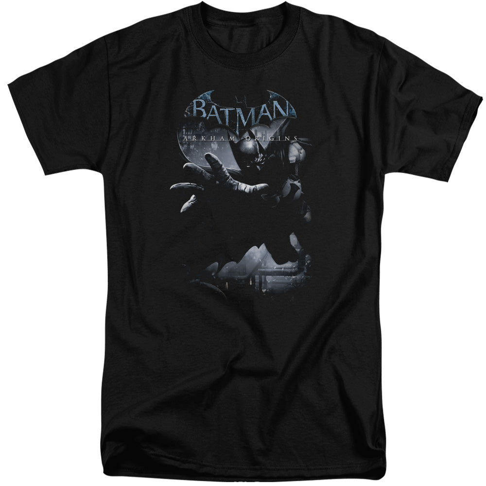 AN OFFCIALLY LICENSED BATMAN ARKHAM ORIGINS OUT OF THE SHADOWS MEN'S TALL FIT T-SHIRT BLACK
