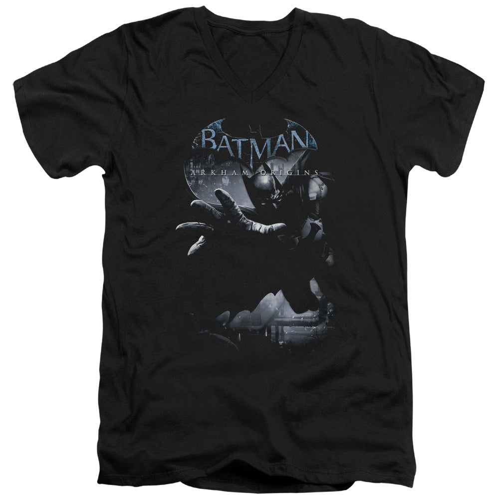 AN OFFCIALLY LICENSED BATMAN ARKHAM ORIGINS OUT OF THE SHADOWS MEN'S V-NECK T-SHIRT BLACK
