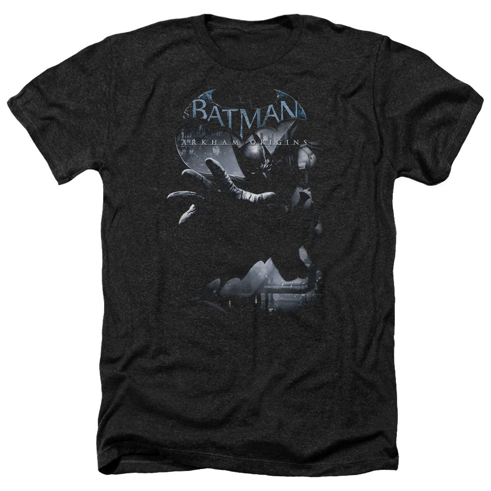 AN OFFCIALLY LICENSED BATMAN ARKHAM ORIGINS OUT OF THE SHADOWS MEN'S HEATHER T-SHIRT CHARCOAL