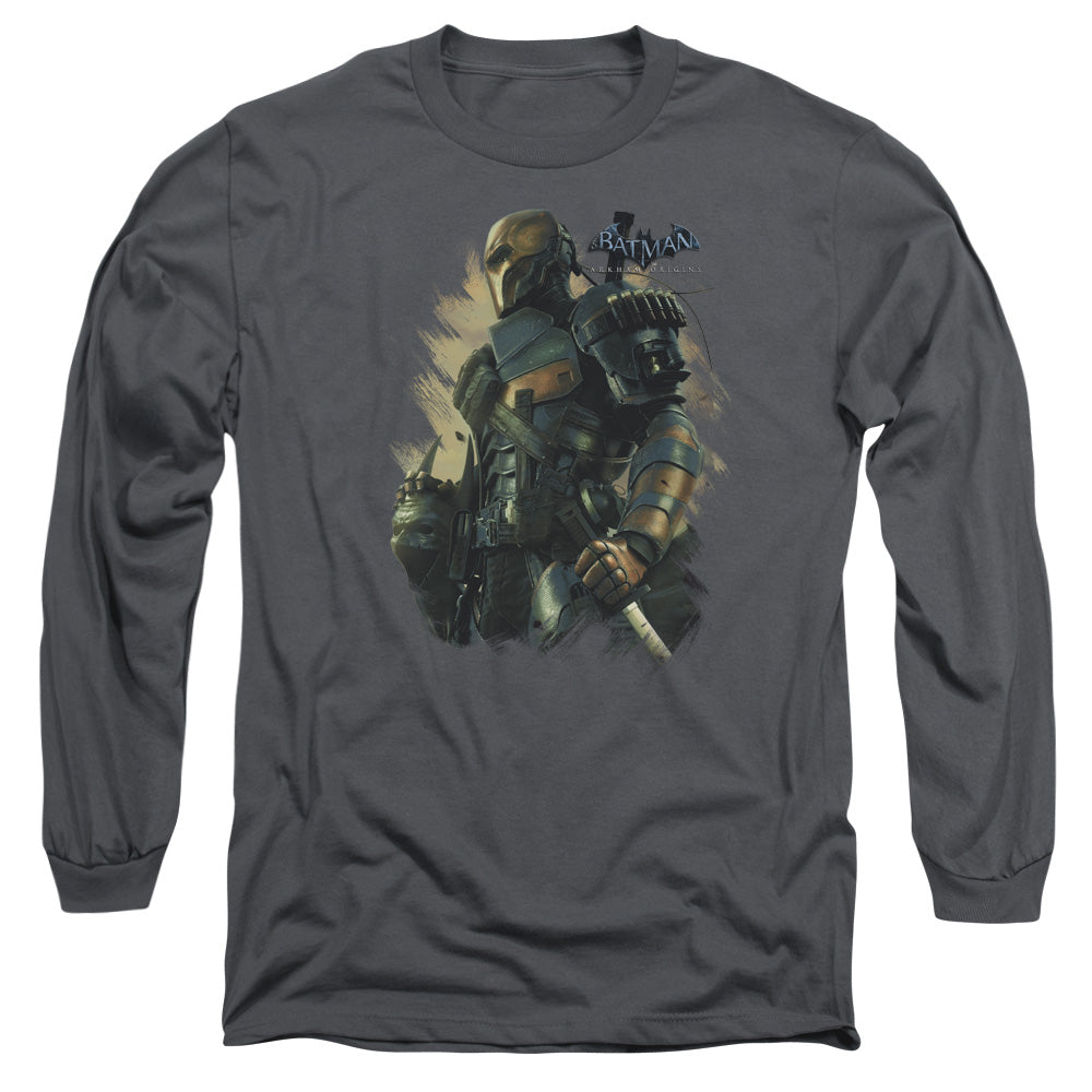 AN OFFCIALLY LICENSED BATMAN ARKHAM ORIGINS DEATHSTROKE MEN'S LONG SLEEVE T-SHIRT CHARCOAL