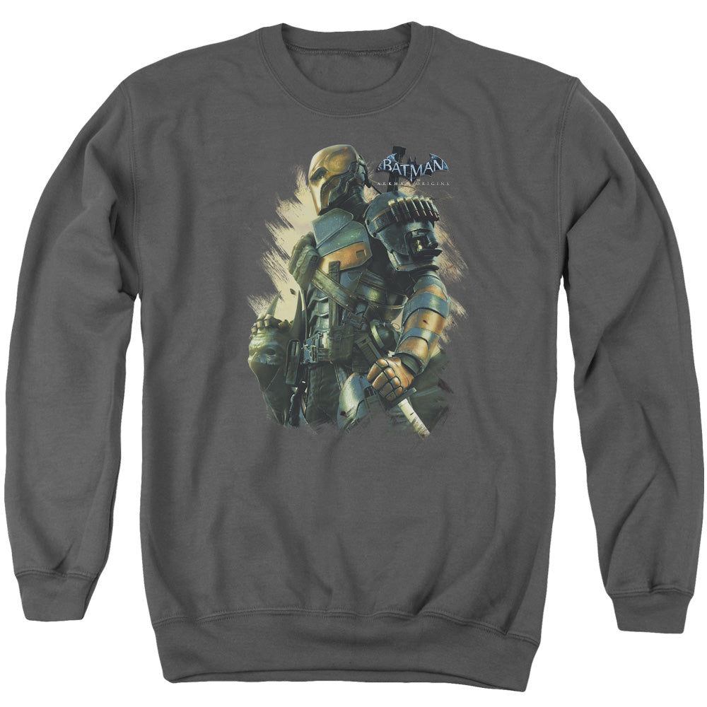 AN OFFCIALLY LICENSED BATMAN ARKHAM ORIGINS DEATHSTROKE ADULT UNISEX CREWNECK SWEATSHIRT CHARCOAL