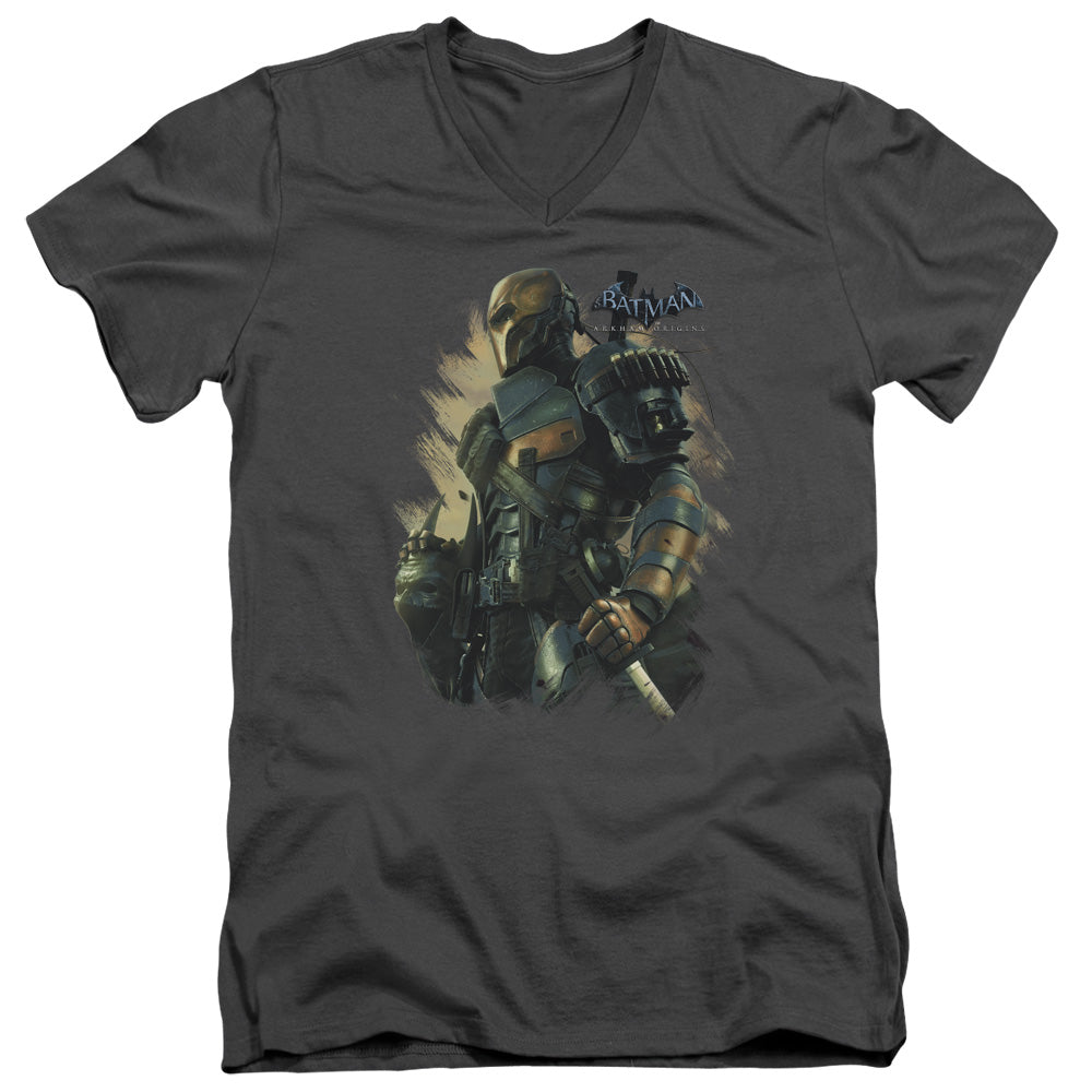 AN OFFCIALLY LICENSED BATMAN ARKHAM ORIGINS DEATHSTROKE MEN'S V-NECK T-SHIRT CHARCOAL