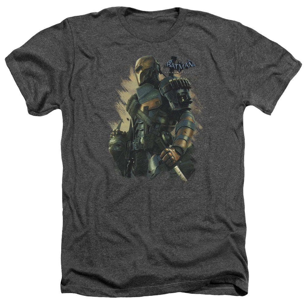 AN OFFCIALLY LICENSED BATMAN ARKHAM ORIGINS DEATHSTROKE MEN'S HEATHER T-SHIRT CHARCOAL