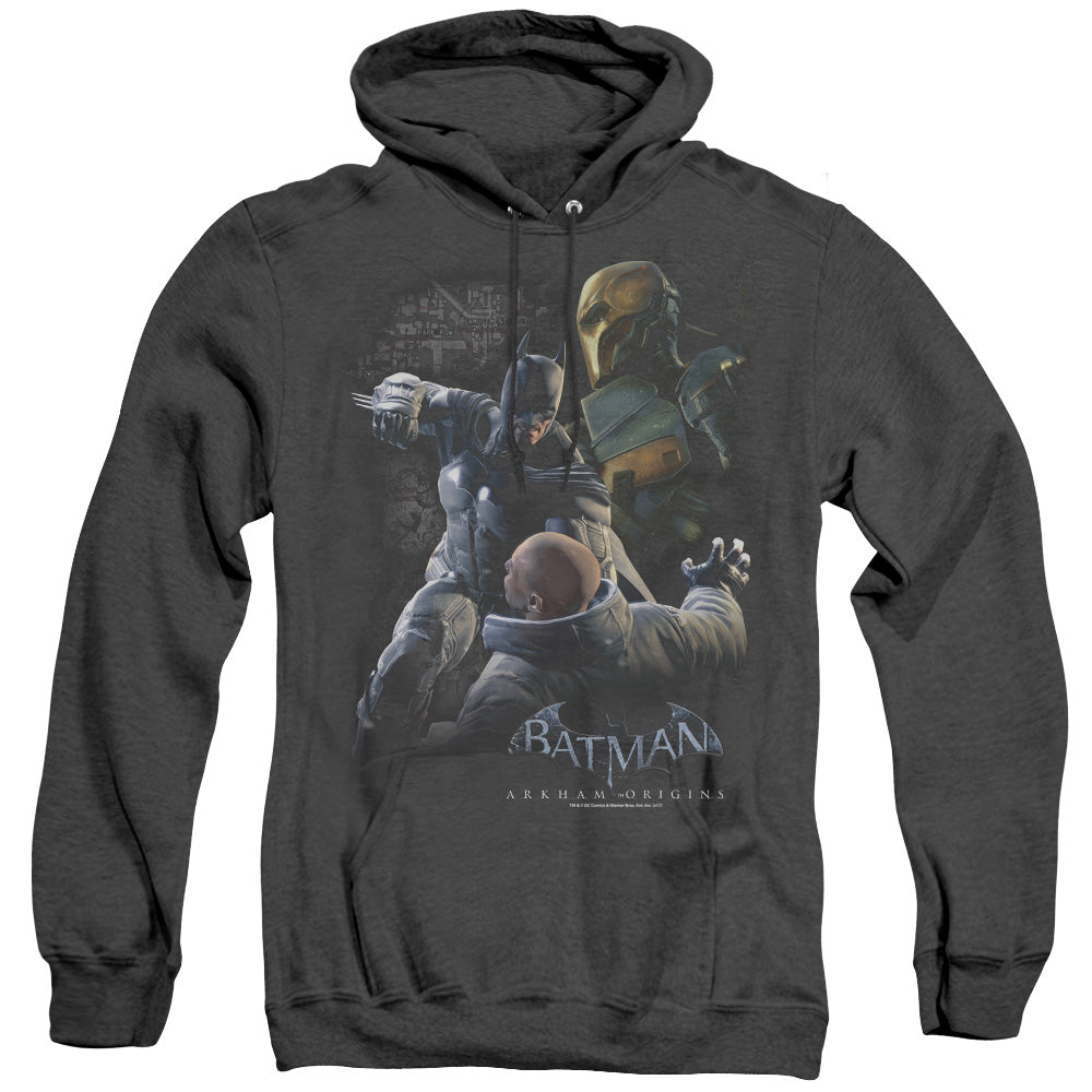 AN OFFCIALLY LICENSED BATMAN ARKHAM ORIGINS PUNCH ADULT UNISEX HEATHER PULLOVER HOODIE BLACK