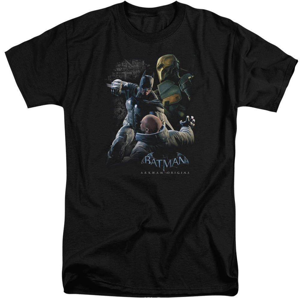 AN OFFCIALLY LICENSED BATMAN ARKHAM ORIGINS PUNCH MEN'S TALL FIT T-SHIRT BLACK