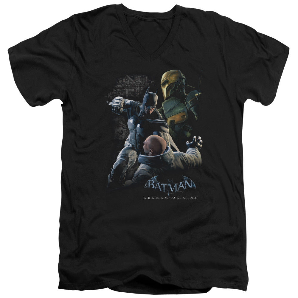 AN OFFCIALLY LICENSED BATMAN ARKHAM ORIGINS PUNCH MEN'S V-NECK T-SHIRT BLACK