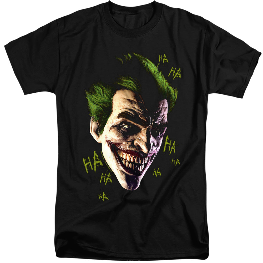AN OFFCIALLY LICENSED BATMAN ARKHAM ORIGINS JOKER GRIM MEN'S TALL FIT T-SHIRT BLACK