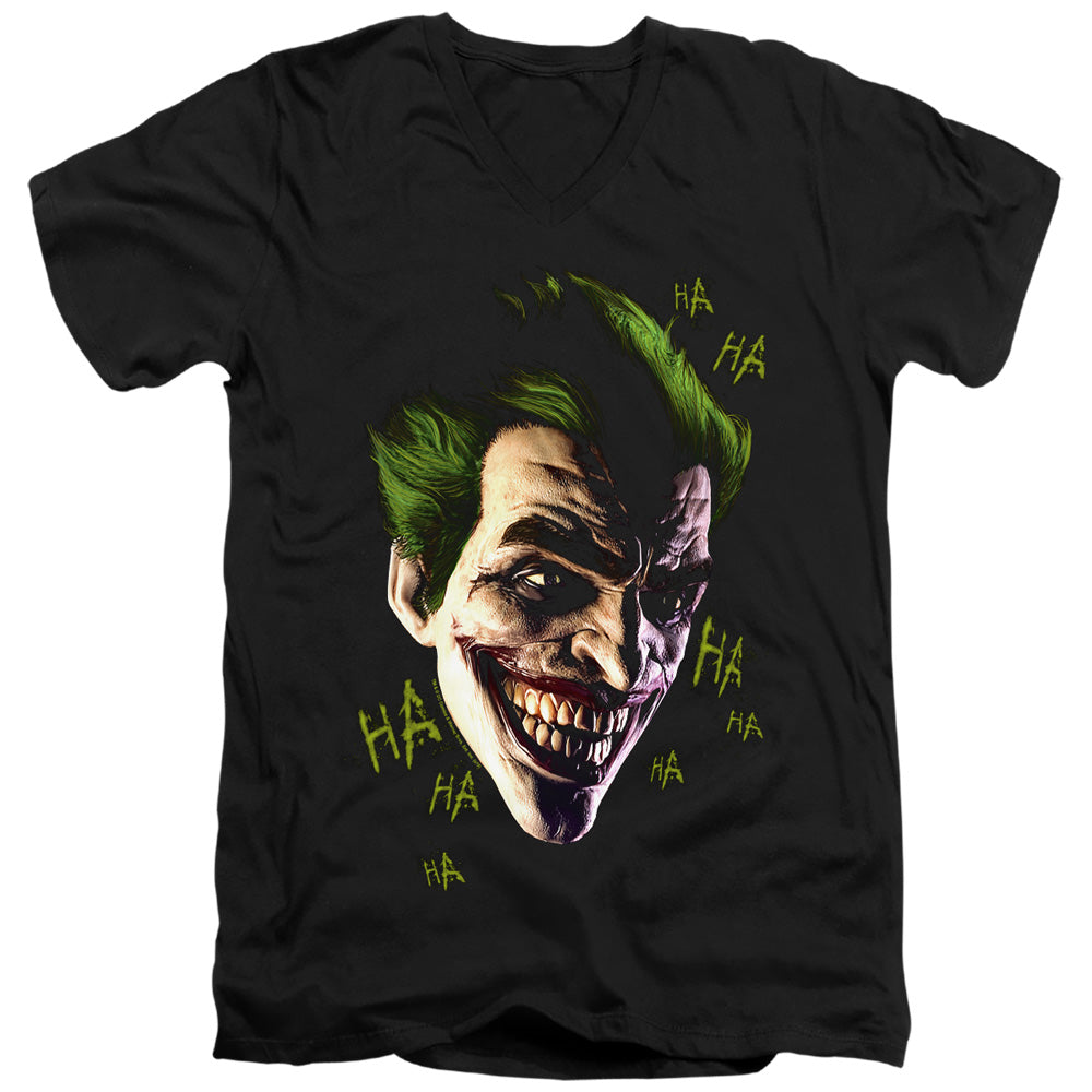 AN OFFCIALLY LICENSED BATMAN ARKHAM ORIGINS JOKER GRIM MEN'S V-NECK T-SHIRT BLACK