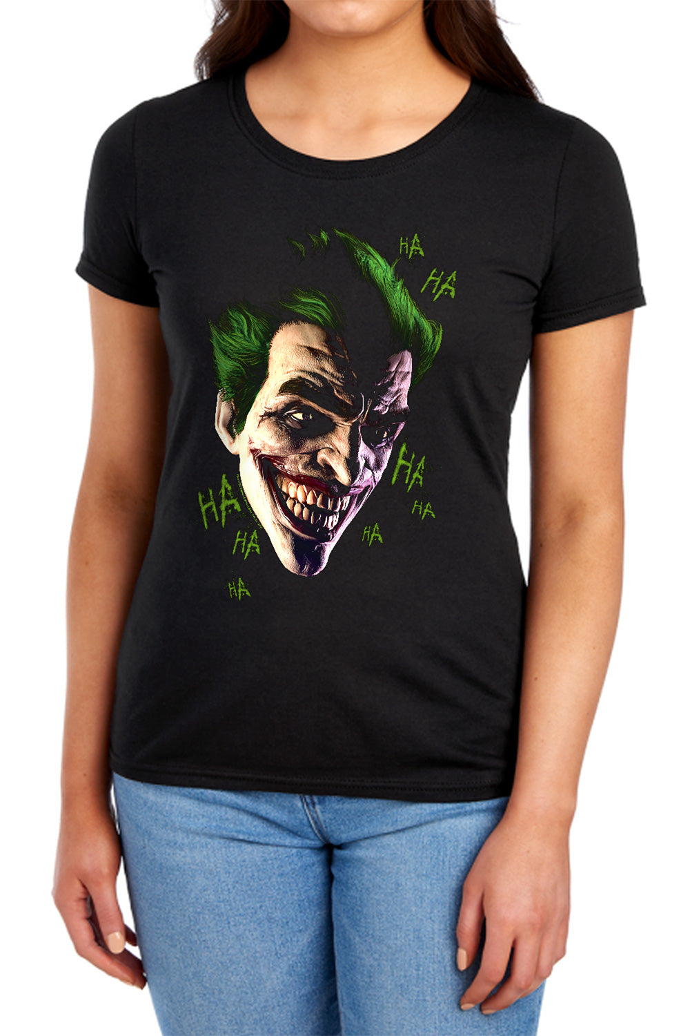 AN OFFCIALLY LICENSED BATMAN ARKHAM ORIGINS JOKER GRIM WOMEN'S REGULAR FIT T-SHIRT BLACK