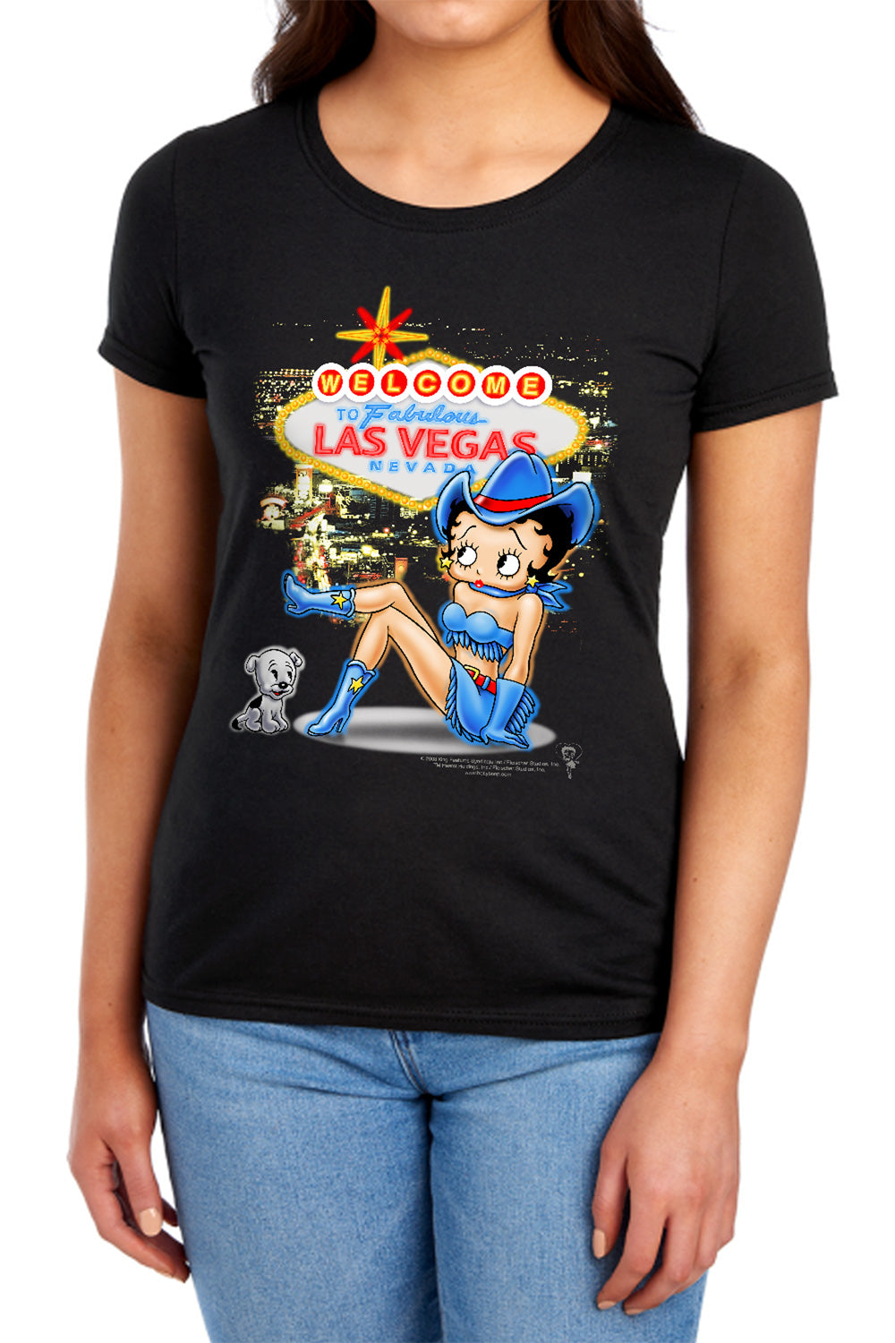 AN OFFCIALLY LICENSED BETTY BOOP WELCOME LAS VEGAS WOMEN'S REGULAR FIT T-SHIRT BLACK