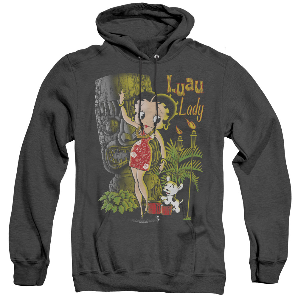 AN OFFCIALLY LICENSED BETTY BOOP LUAU LADY ADULT UNISEX HEATHER PULLOVER HOODIE BLACK
