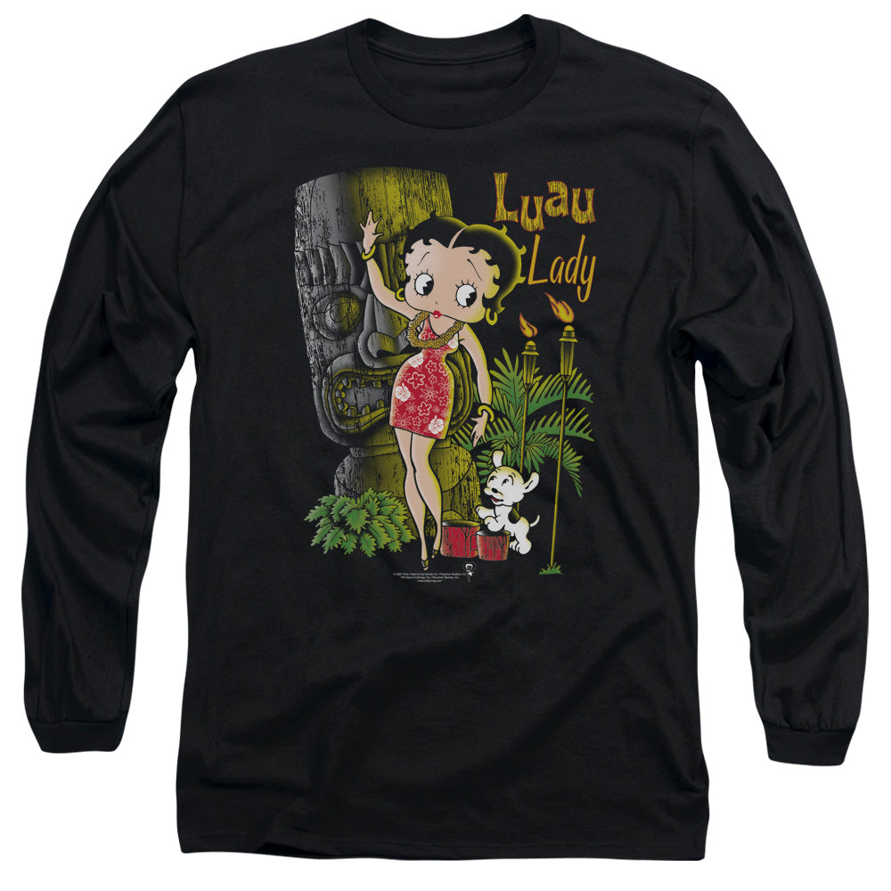 AN OFFCIALLY LICENSED BETTY BOOP LUAU LADY MEN'S LONG SLEEVE T-SHIRT BLACK