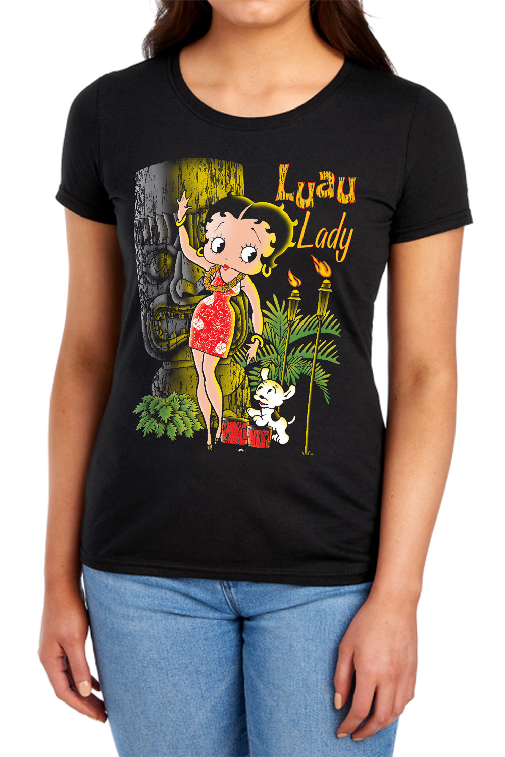 AN OFFCIALLY LICENSED BETTY BOOP LUAU LADY WOMEN'S REGULAR FIT T-SHIRT BLACK