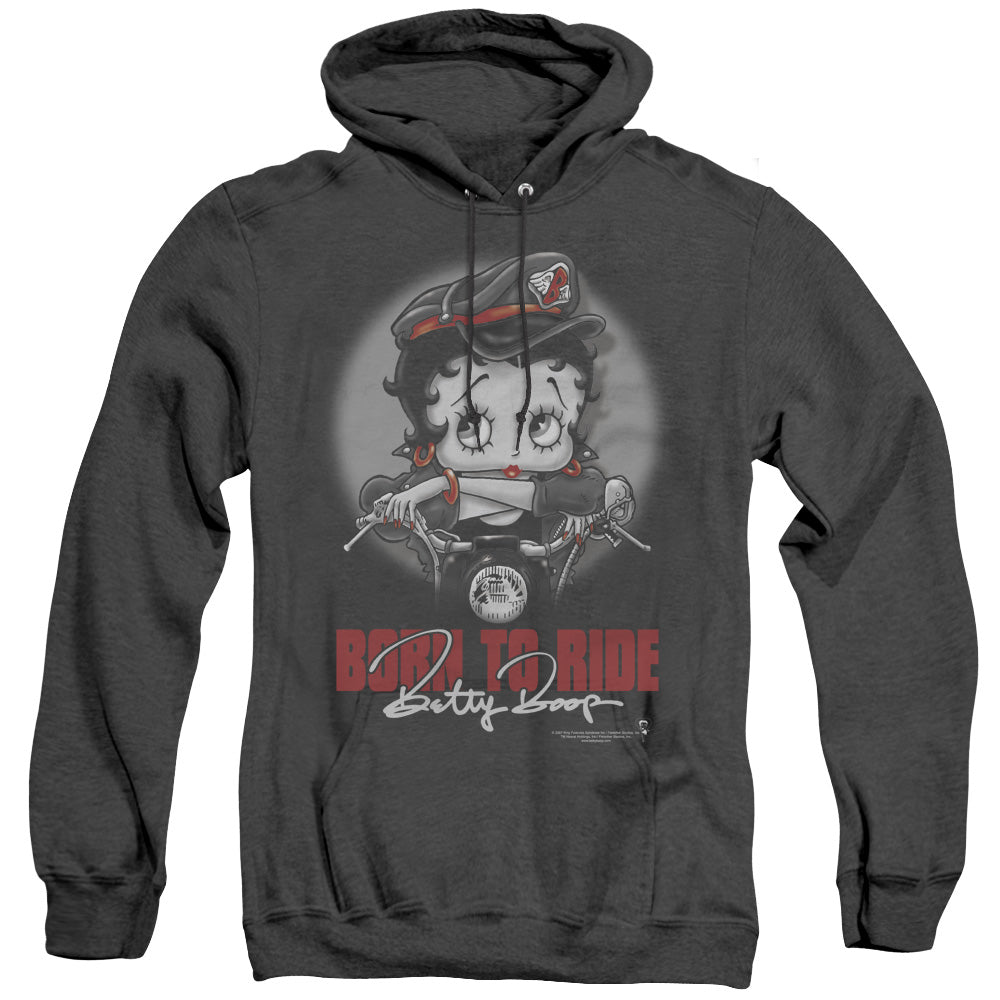 AN OFFCIALLY LICENSED BETTY BOOP BORN TO RIDE ADULT UNISEX HEATHER PULLOVER HOODIE BLACK