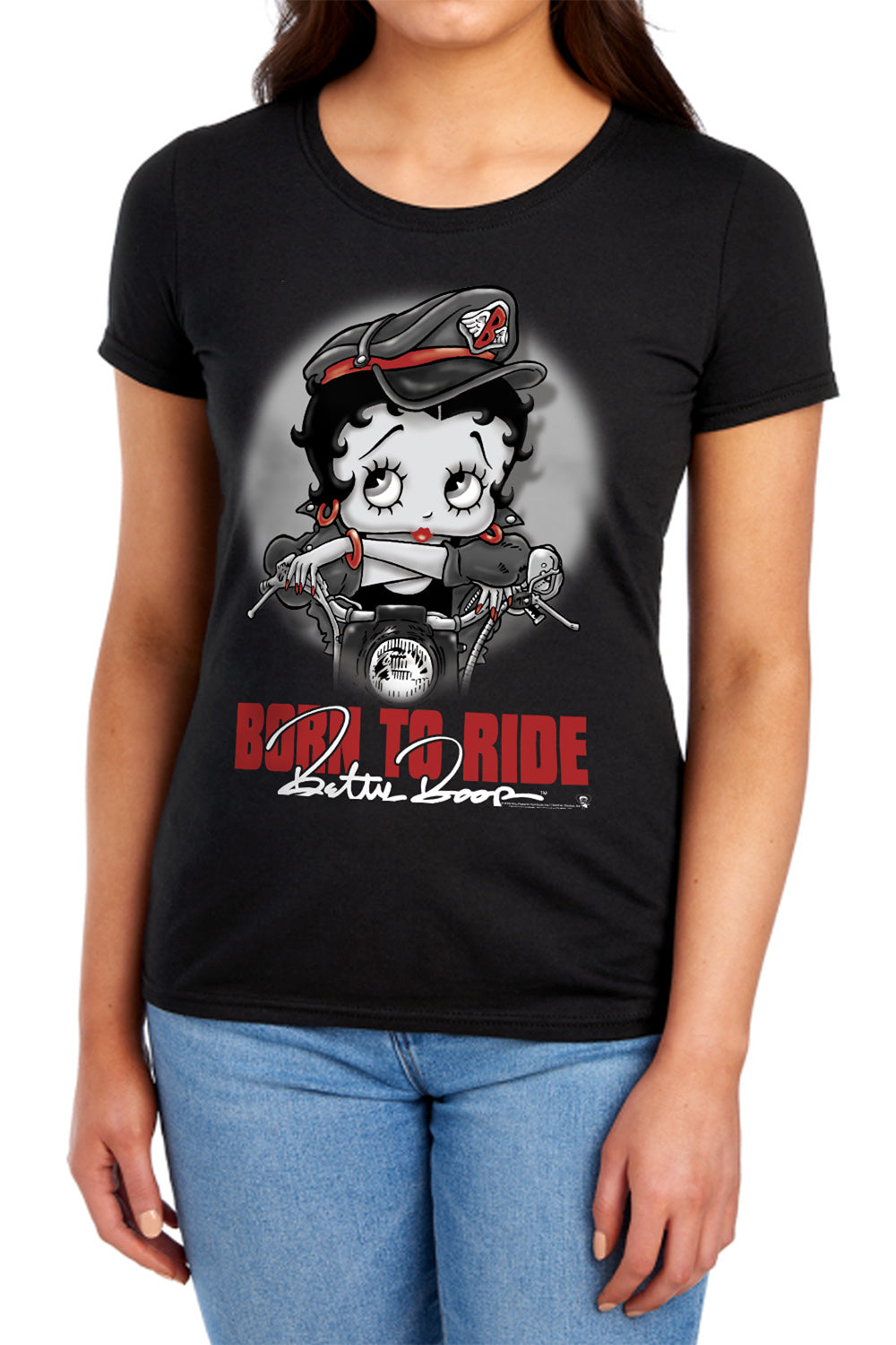 AN OFFCIALLY LICENSED BETTY BOOP BORN TO RIDE WOMEN'S REGULAR FIT T-SHIRT BLACK