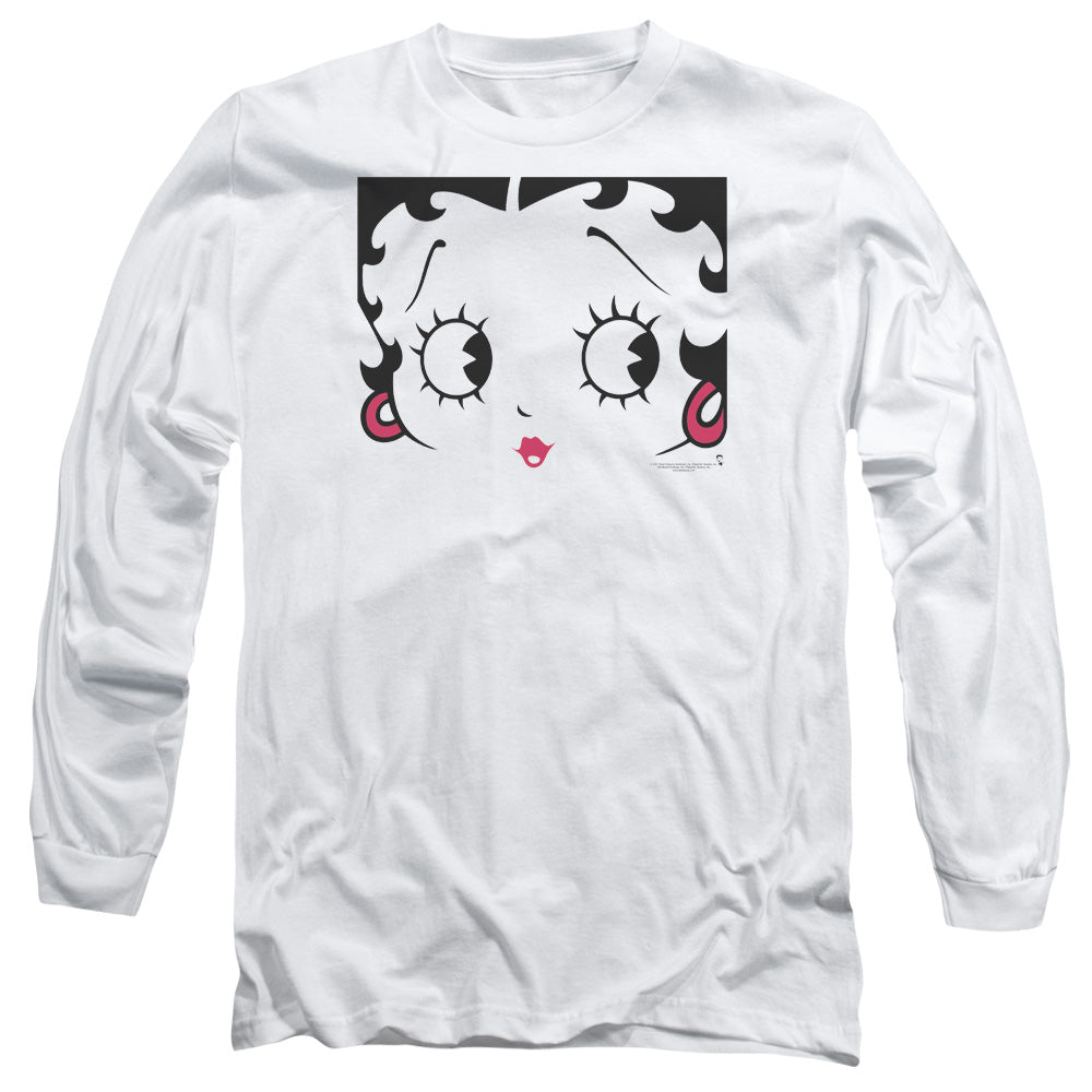 AN OFFCIALLY LICENSED BETTY BOOP CLOSE UP MEN'S LONG SLEEVE T-SHIRT WHITE