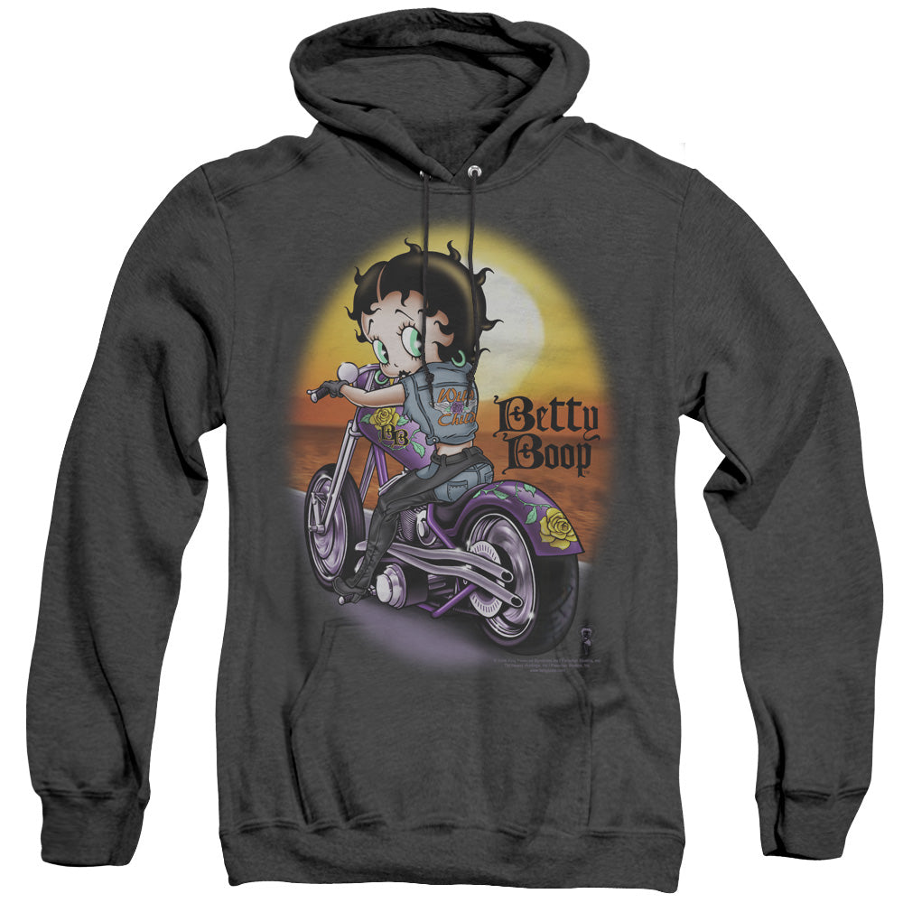 AN OFFCIALLY LICENSED BETTY BOOP WILD BIKER ADULT UNISEX HEATHER PULLOVER HOODIE BLACK