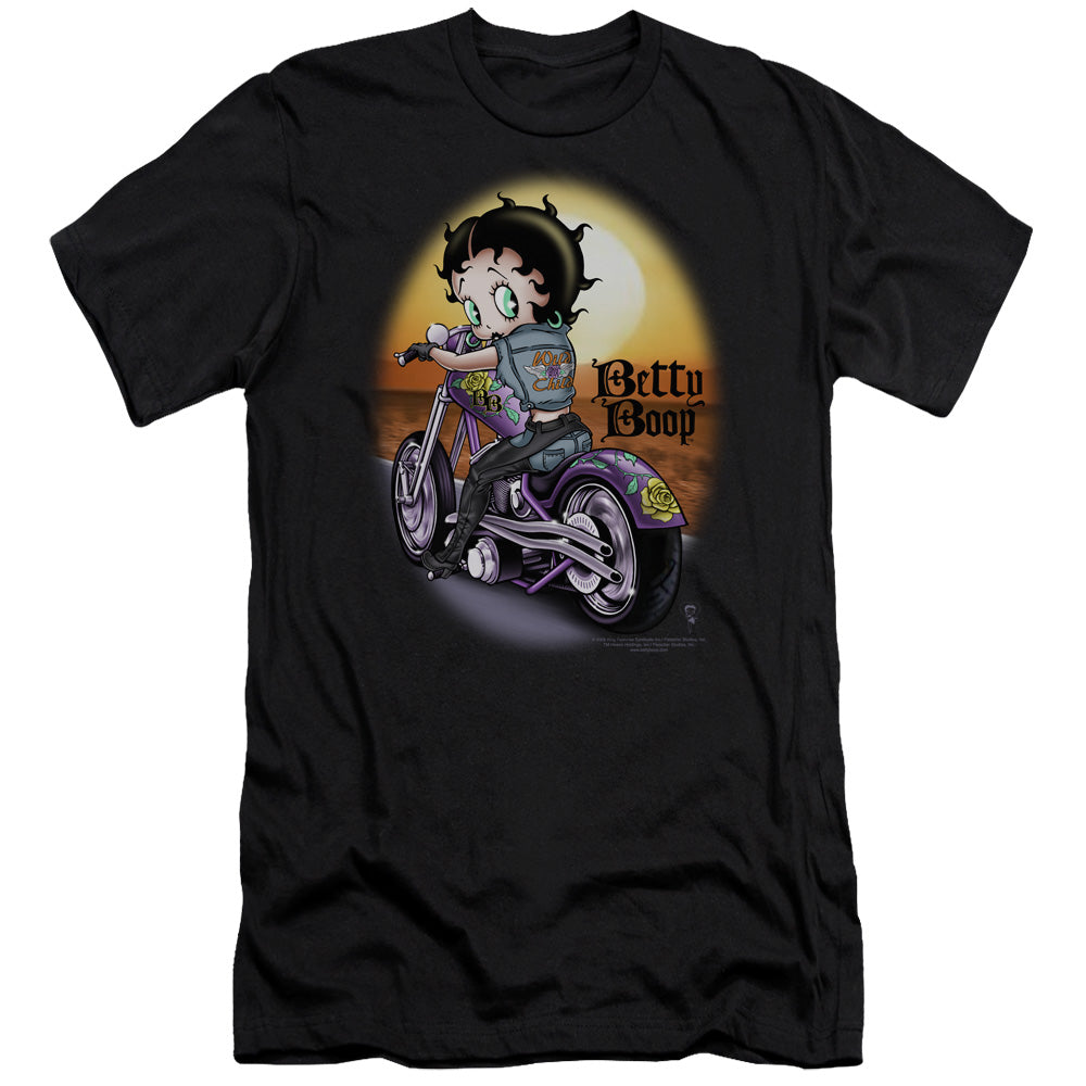 AN OFFCIALLY LICENSED BETTY BOOP WILD BIKER MEN'S PREMIUM SLIM FIT T-SHIRT BLACK