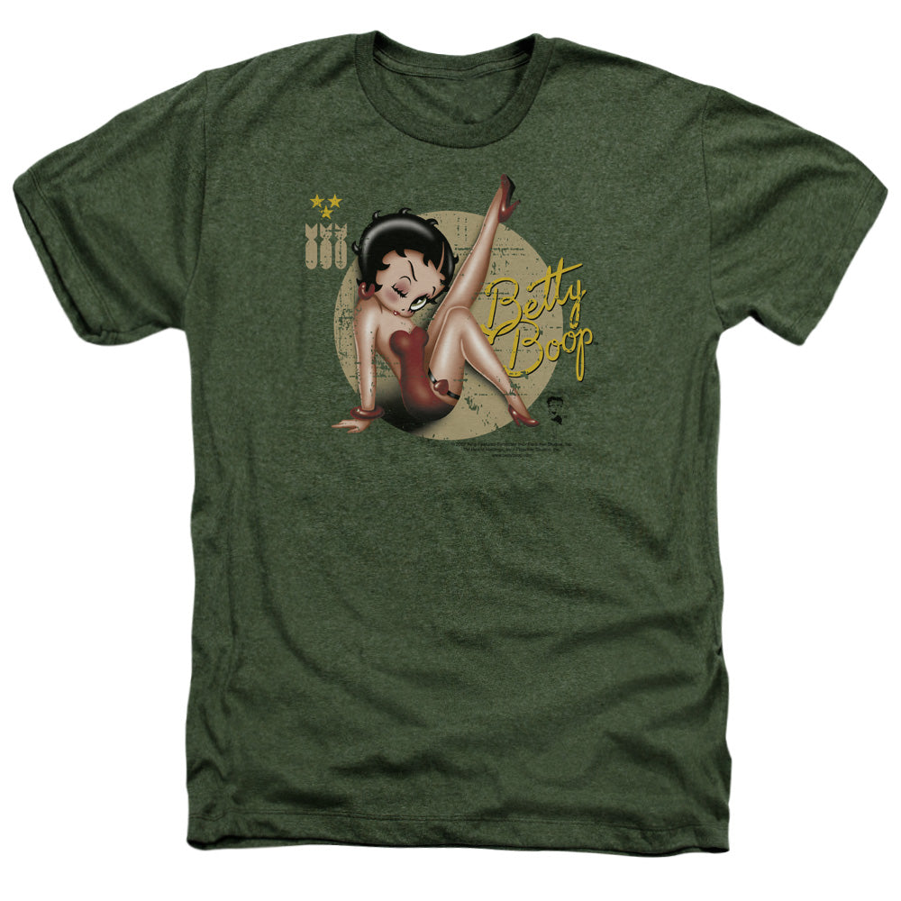 AN OFFCIALLY LICENSED BETTY BOOP NOSE ART MEN'S HEATHER T-SHIRT MILITARY GREEN