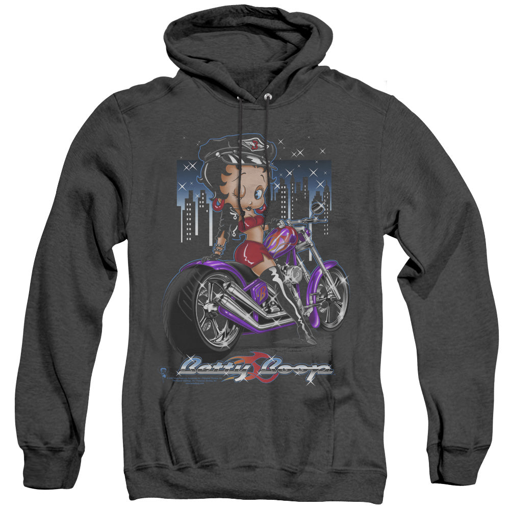 AN OFFCIALLY LICENSED BETTY BOOP CITY CHOPPER ADULT UNISEX HEATHER PULLOVER HOODIE BLACK