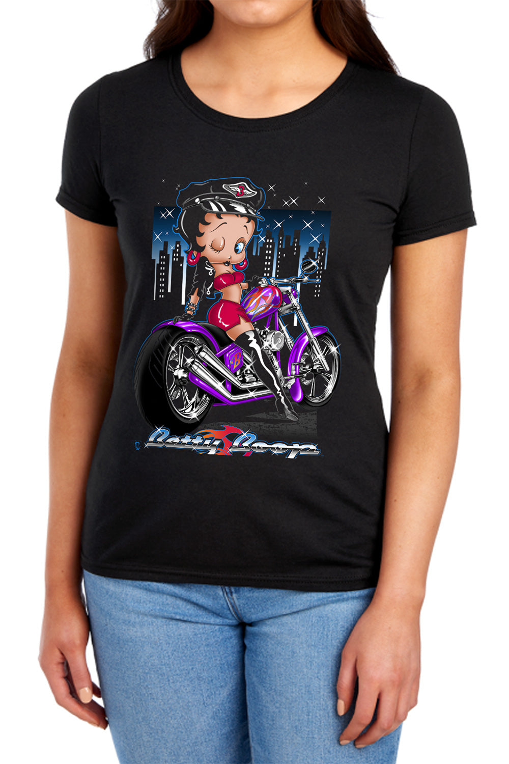AN OFFCIALLY LICENSED BETTY BOOP CITY CHOPPER WOMEN'S REGULAR FIT T-SHIRT BLACK