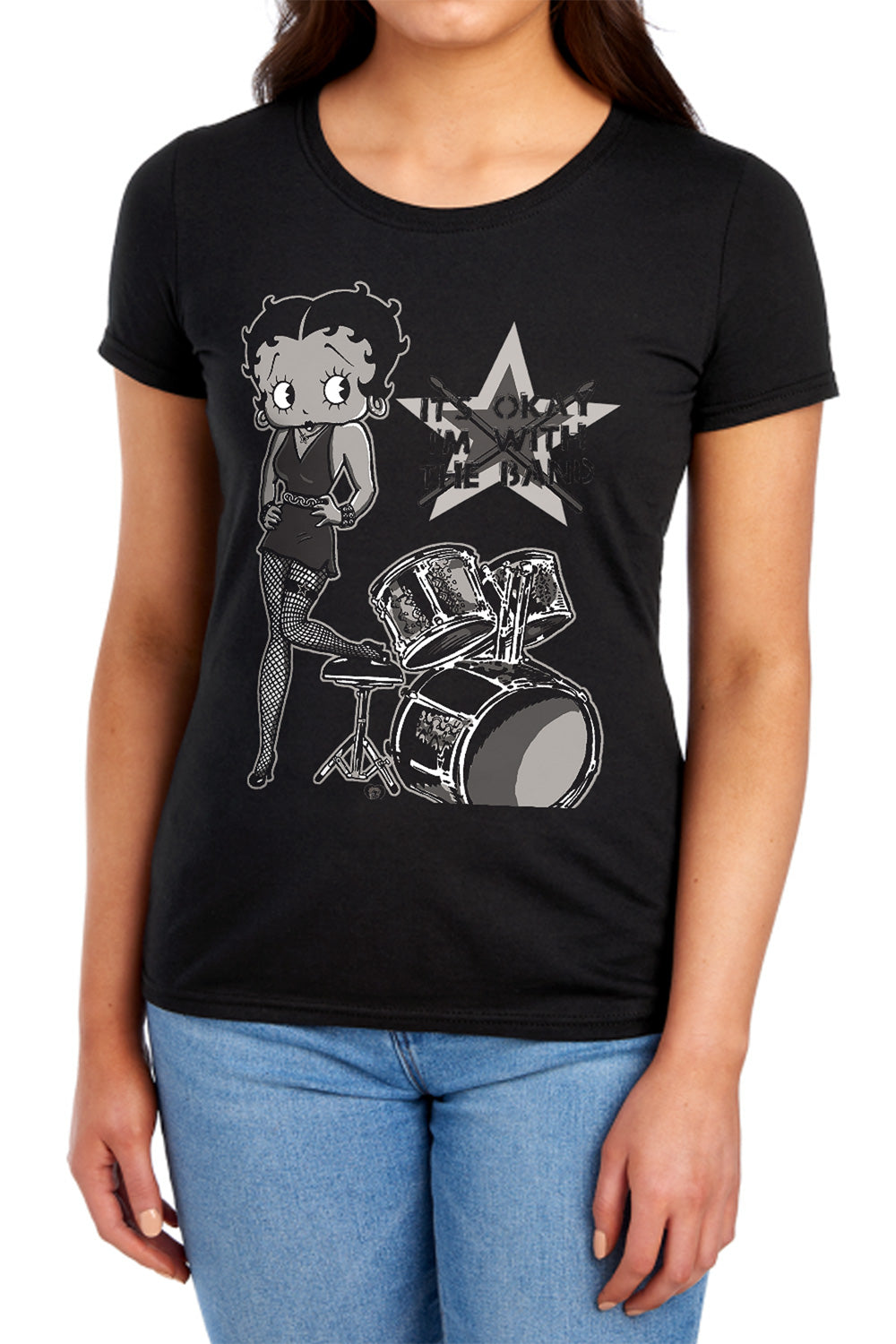 AN OFFCIALLY LICENSED BETTY BOOP WITH THE BAND WOMEN'S REGULAR FIT T-SHIRT BLACK