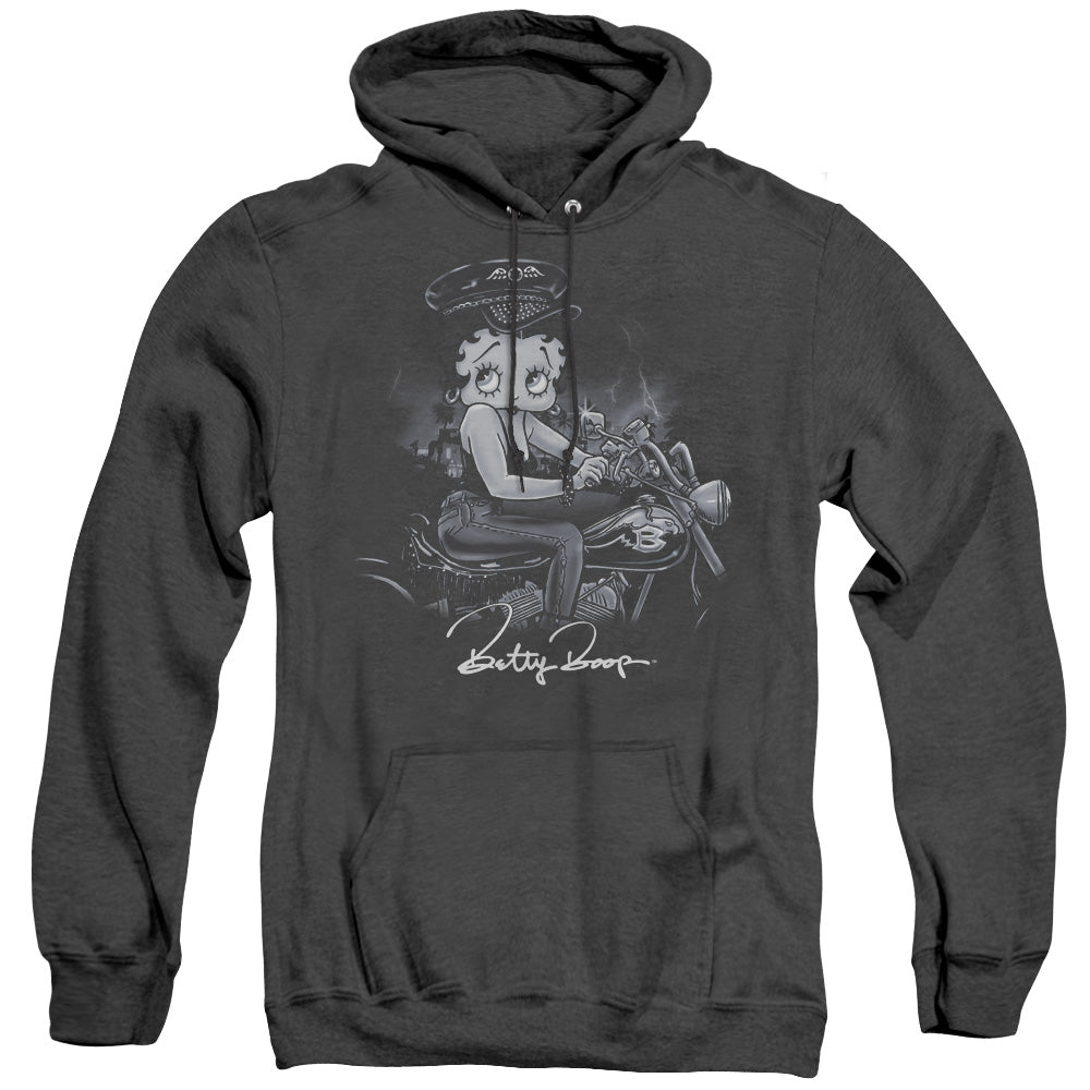 AN OFFCIALLY LICENSED BETTY BOOP STORM RIDER ADULT UNISEX HEATHER PULLOVER HOODIE BLACK