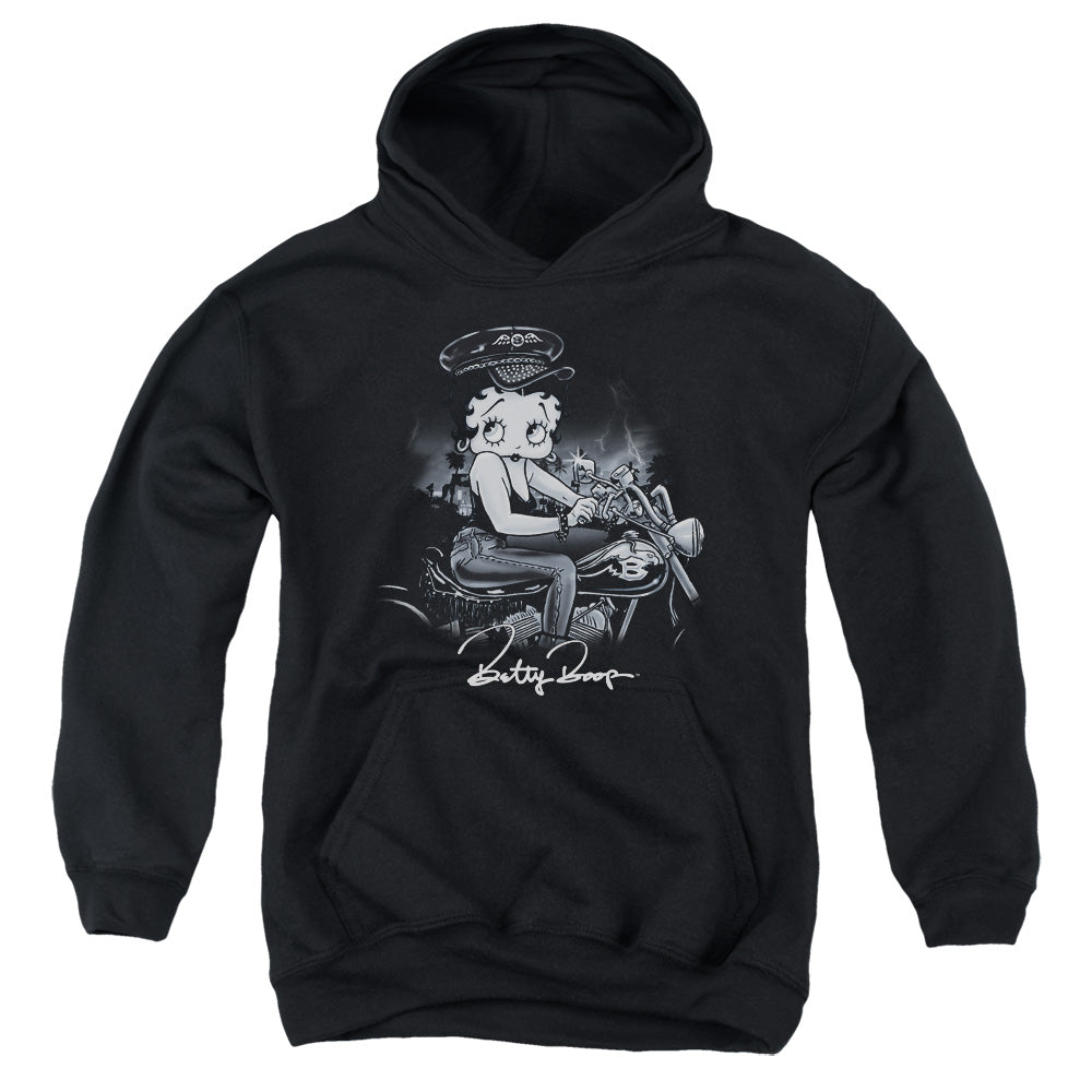 AN OFFCIALLY LICENSED BETTY BOOP STORM RIDER YOUTH HOODIE BLACK