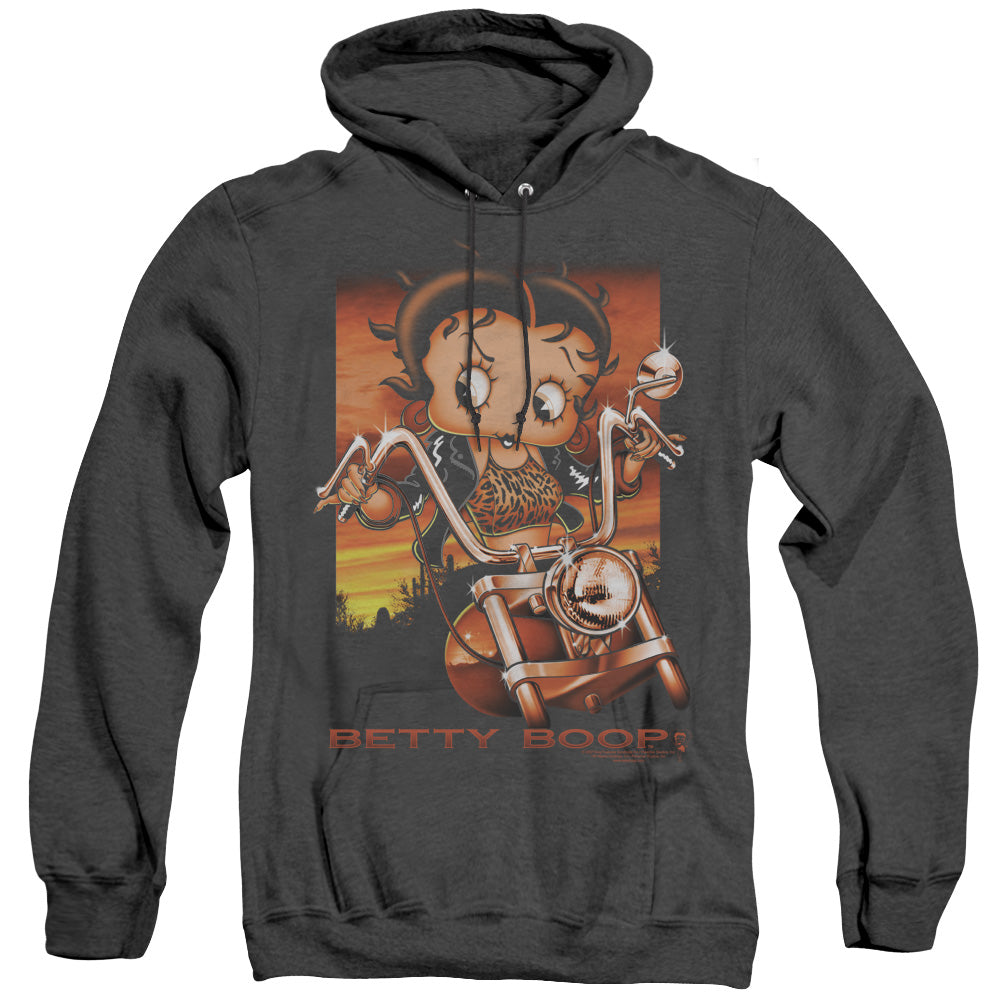 AN OFFCIALLY LICENSED BETTY BOOP SUNSET RIDER ADULT UNISEX HEATHER PULLOVER HOODIE BLACK